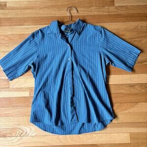 Eddie Bauer Button Down Shirt Large Blue Green Striped Wrinkle Free